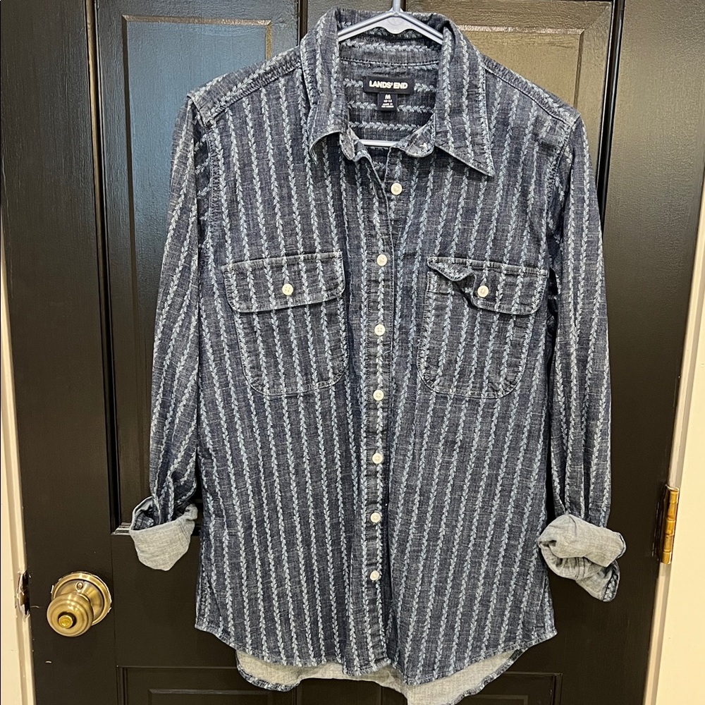 Lands End  Blue Striped Button Down Shirt